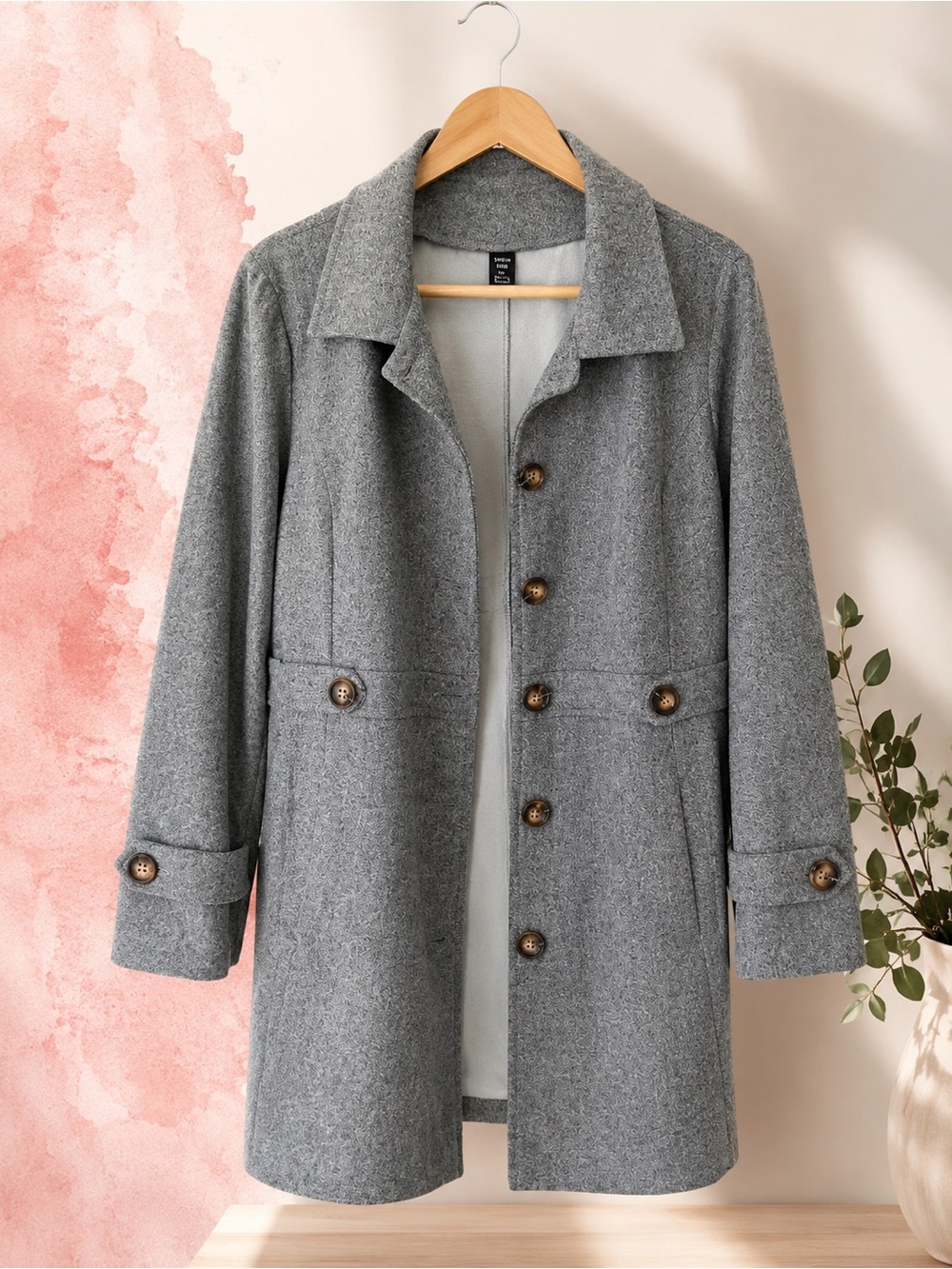 SHEIN Grey Wool-Blend Button Front Pea Coat